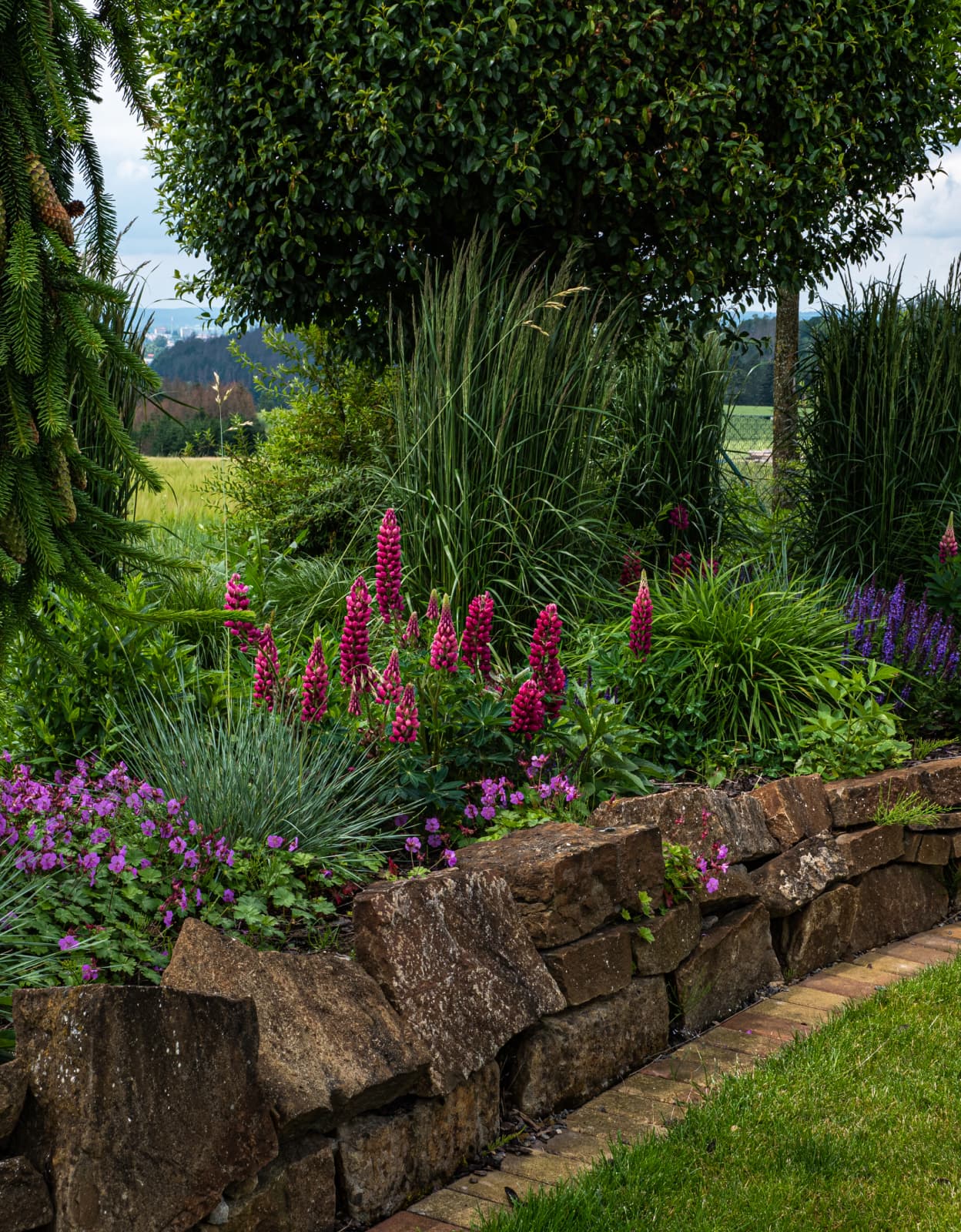 Zahrada bez chemie s kamennou zídkou a přirozenou výsadbou trvalek